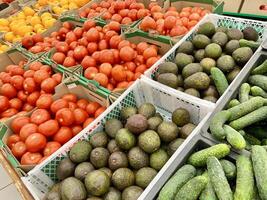 Farmer's food market stall with various organic vegetables. photo