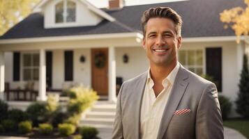 Smiling real estate agent stands proudly outside a modern home photo