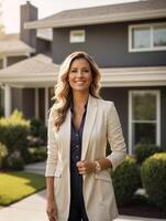 Vertical photo of successful female real estate agent stands proudly outside a modern home.