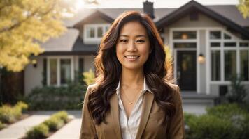 Happy Asian female real estate agent making a real estate showing photo