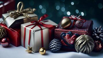 Christmas tree with gifts, red and green box with brown ribbons. photo