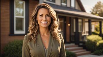 Confident female real estate agent stands proudly outside a modern home photo