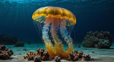 One big beautiful yellow blue neon Jellyfish swim Under water photo