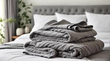 Grey folded terry towels lie on clean white bed. Cleaning in guest room of hotel, cleanliness, laundry photo