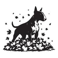 Bull Terrier Walking Through Fall Leaves illustration in black and white vector