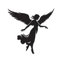 An angel landing on a downward illustration in black and white vector