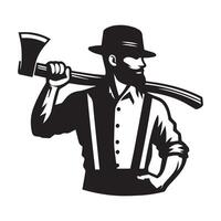 A confident lumberjack with Axe Over the Shoulder illustration in black and white vector