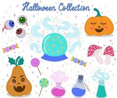 A set of characters and icons for Halloween in cartoon style. Traditional Halloween elements. A Halloween set with cute elements. illustration vector