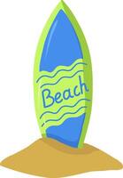 A bright surfboard standing in the sand. illustration for badge, logo, print, postcard, cover, bag, case, invitation, label. Summer surfing, isolated realistic surfboard. vector