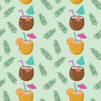 Summer seamless pattern with hand-drawn alcoholic cocktails made of coconut, pineapple and palm leaves. Vintage background with drinks, coconuts, pineapples.For textiles, wrapping paper, menus. vector
