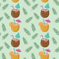 Summer seamless pattern with hand-drawn alcoholic cocktails made of coconut, pineapple and palm leaves. Vintage background with drinks, coconuts, pineapples.For textiles, wrapping paper, menus. vector