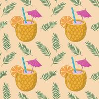 Summer seamless pattern with hand-drawn alcoholic cocktails. Vintage background with drinks, pineapples, flowers and lemons on a light background for textiles, wrapping paper, menus vector