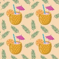 Summer seamless pattern with hand-drawn alcoholic cocktails. Vintage background with drinks, pineapples, flowers and lemons on a light background for textiles, wrapping paper, menus vector