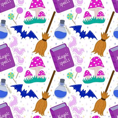 seamless pattern for Halloween. Icons with a bat, a magic book, potions, brooms and sweets.Design elements, posters, book cover backgrounds, desktop wallpapers, design, graphics, invitations. illustration