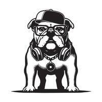 Standing DJ English Bulldog illustration in black and white vector