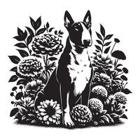 perro clipart - un toro terrier sentado en medio de flores ilustración vector