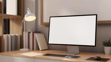 A close-up image of a computer mockup on a wooden desk in a contemporary minimalist home office. photo