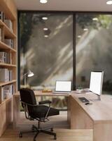 A spacious contemporary office features a laptop and a PC computer on a wooden L shape table photo