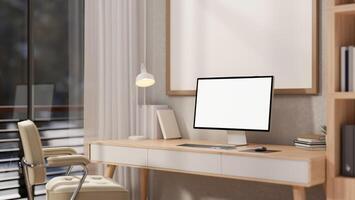 A contemporary minimalist home office features a white-screen computer mockup on a wooden desk. photo