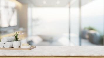 A toiletry set with an empty space for display products on a tabletop in a modern luxury bathroom. photo