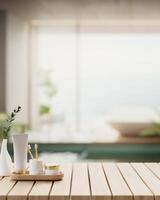 A set of toiletry on a wooden plank table with a blurred background of a contemporary bathroom. photo