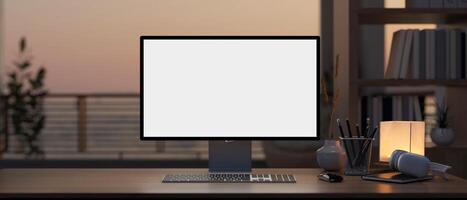 A computer mockup on a hardwood desk in a modern home office with a large window and balcony. photo