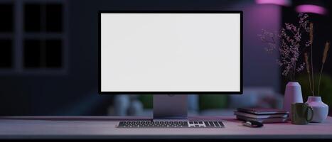 A modern home office with a white-screen computer mockup on a table with neon lights. photo