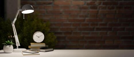 A space for displaying your product and accessories on a white table against the brick wall. photo