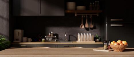 un Copiar espacio en un madera dura comida mesa en un moderno negro cocina con cocina accesorios. foto