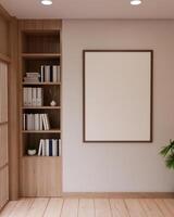 A modern, Scandinavian living room with a frame mockup attached to the white wall and parquet floor. photo