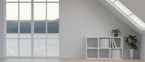 Interior design of a modern minimalist white living room with a window with ocean view. photo