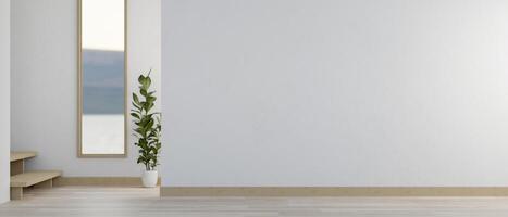 Minimalist white home corridor with parquet floor and white wall. photo