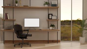 Interior design of a modern, minimalist home office workspace with a computer mockup on a table photo