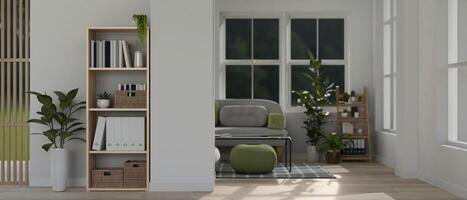 A modern spacious living room with a cosy sofa, a bookshelf, parquet floor, and the white wall. photo