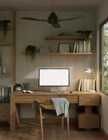 A cosy minimalist home office with a white-screen computer mockup on a wooden desk. photo