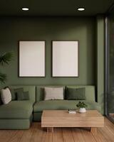 The interior design of a modern living room in green color features a cozy green sofa and green wall photo