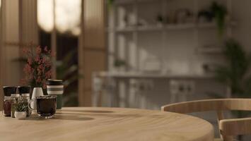 A display space on a wooden table in a modern, minimal cafe. photo