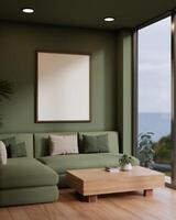 The interior design of a modern living room in green color features a cozy green sofa and green wall photo