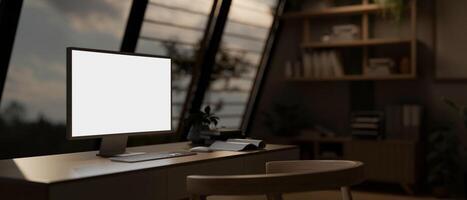 A modern home office or private office with a white-screen computer mockup on a table. photo