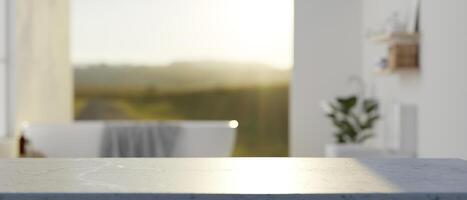 A white tabletop with empty space with a blurred background of a luxury bathroom with bathtub. photo