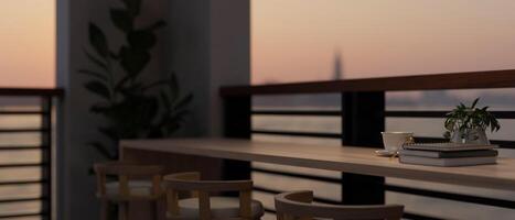 A table with stools on a balcony at dawn with a beautiful view. close-up image photo