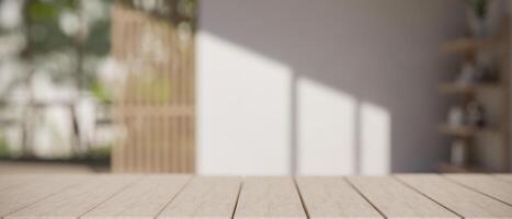 A wood plank tabletop with empty space for display product in a minimalist living room. photo