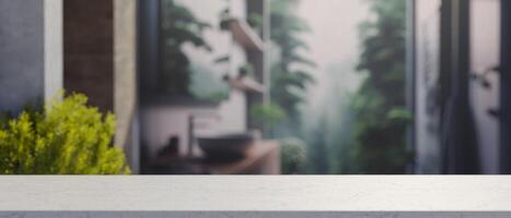 A white tabletop with empty space with a blurred background of a modern tropical bathroom. photo