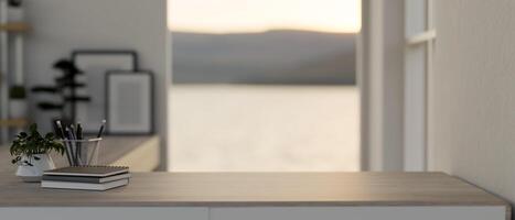 A copy space for display your product on a minimal wooden desk in a modern room. photo