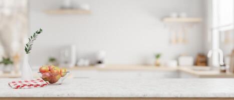 A white marble kitchen countertop with empty space for product display in a modern white kitchen. photo