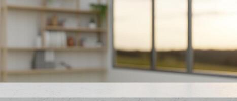 A white tabletop with empty space for display product with a blurred background of a minimalist room photo