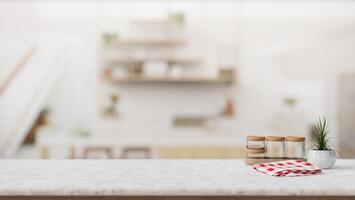 Empty space for display product on a tabletop in a modern white kitchen with a large kitchen island. photo