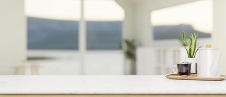 un café conjunto y vacío espacio en un blanco mesa con un borroso antecedentes de un moderno vivo habitación. foto