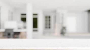 A white tabletop with empty space with a blurred background of a modern office room. photo