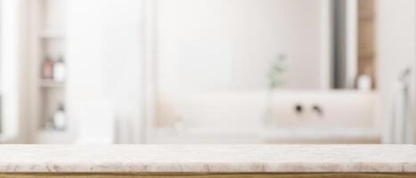 Empty mockup space for display product on a tabletop in a modern white bathroom. photo